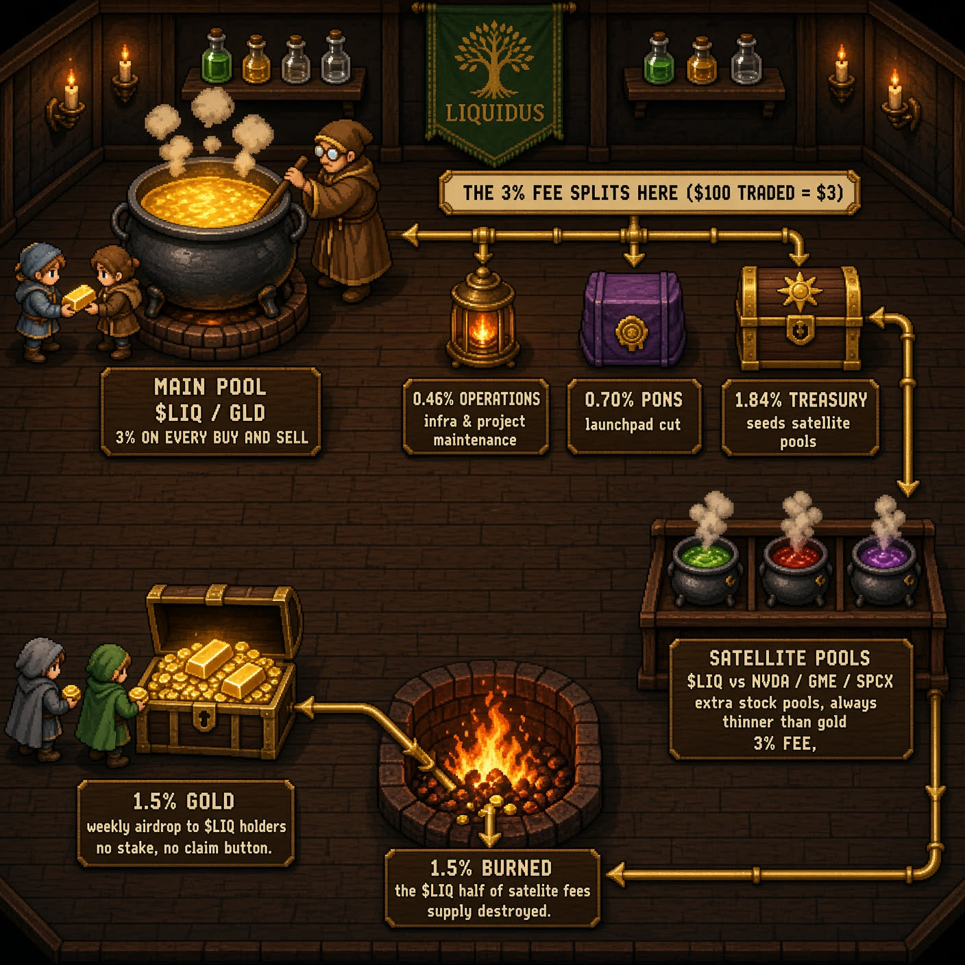 Liquidus shop map: main gold pool, 3% split into operations, Pons and treasury, treasury seeding satellite stock pools, then 1.5% burn and 1.5% weekly gold airdrop